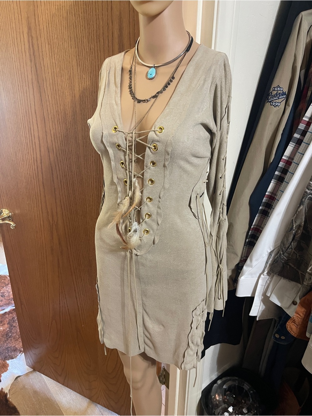 Beige Faux Suede Lace-Up Fringe Bodycon Dress